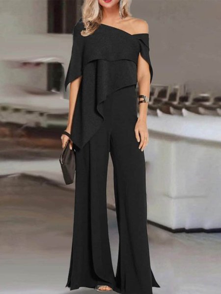 

Loose Plain Urban Cold Shoulder Jumpsuit, Black, Jumpsuits