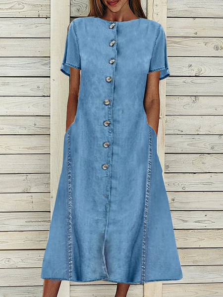 Buttoned Casual Crew Neck Denim Denim Dress, Denim blue, Dresses