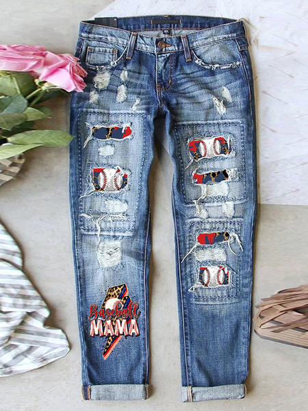 

Women's Baseball Pattern Tassel Hole Denim Jeans, Blue, Jeans