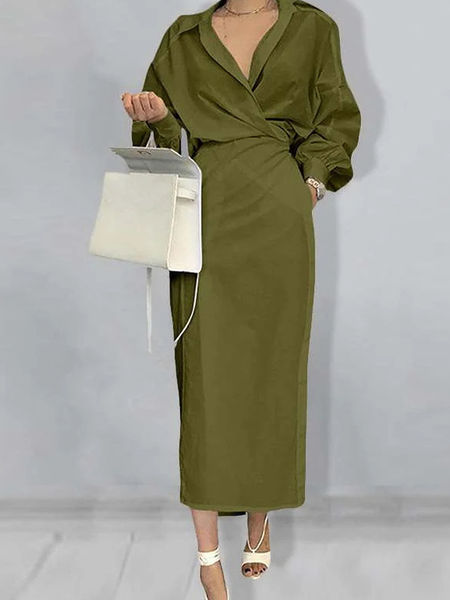 

Plain Elegant Regular Fit Long sleeve Shirt Collar Long Dress, Green, Maxi Dresses