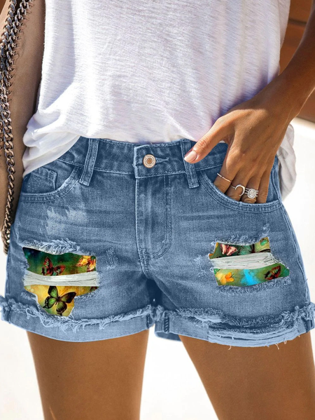 

Women's Butterfly Whiskers Ripped Denim Shorts, Blue, Jeans
