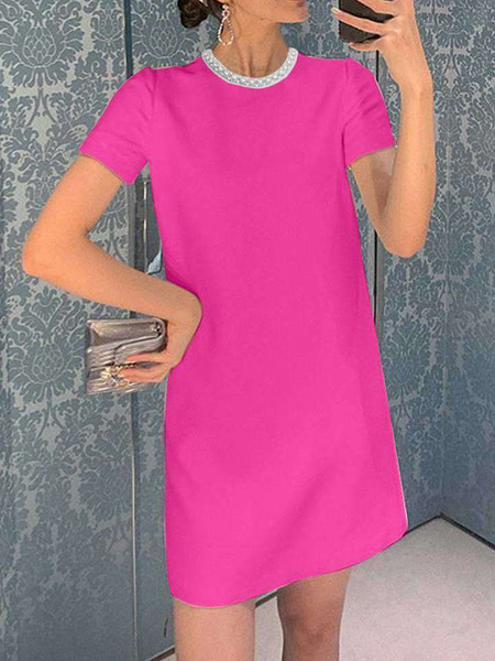 

Loose Crew Neck Short sleeve Elegant Skirt Dress, Rose red, Mini Dresses