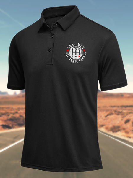 

Men’s Real Men Use Three Pedals Polo Collar Casual Polo Shirt, Black, T-shirts