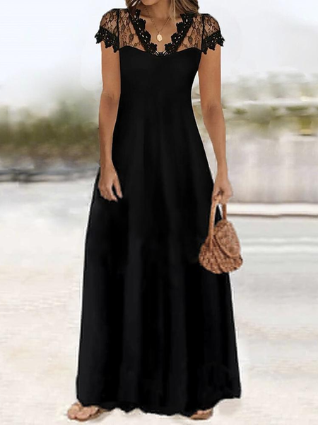 

Plain V Neck Simple Lace Dress, Black, Formal Dresses
