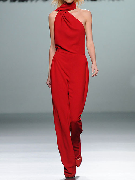 

Urban No Elasticity Loose Sleeveless Asymmetrical Jumpsuit, Red, Jumpsuits