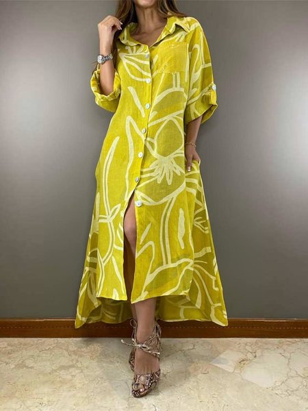 

Random Print Shirt Collar Vacation Dress, Yellow, Midi Dresses