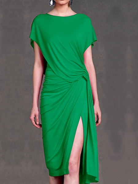 

High Elasticity Loose Short sleeve Elegant Crew Neck Skirt Dress, Green, Mini Dresses