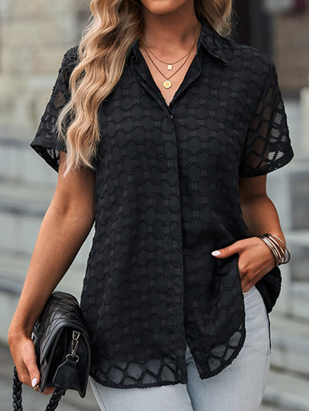 

Shirt Coller Simple Plain Lace Blouse, Black, Shirts & Blouses