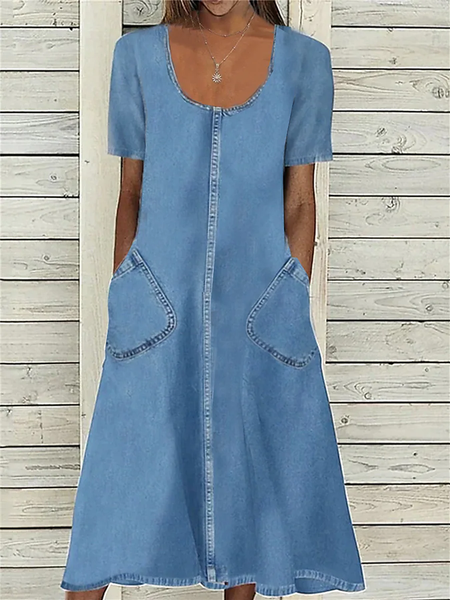 

Women's Denim Dress Casual Dress Midi Dress Denim Casual Classic Outdoor Daily Vacation U Neck Pocket Short Sleeve Summer Spring Fall, Denim blue, Dresses