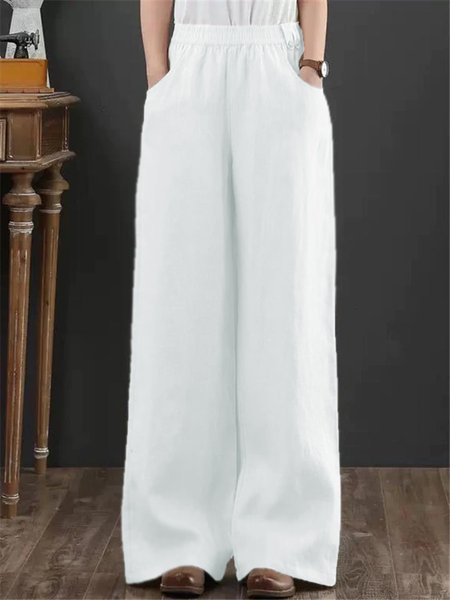 Boho Plain High Waist Long Straight Pants, White, Pants