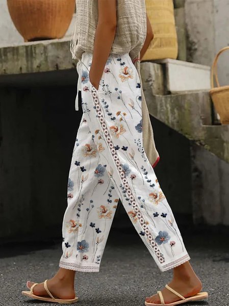 

Lace Casual Loose Floral Pants, White, Pants