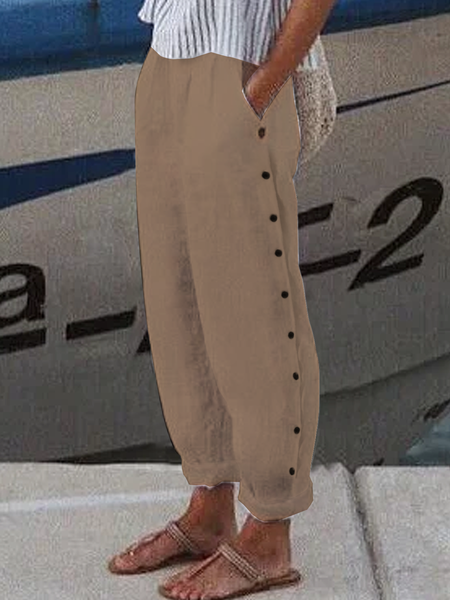 

Button Detail Cotton And Linen Loose Plain Elastic Waist Pant, Khaki, Pants