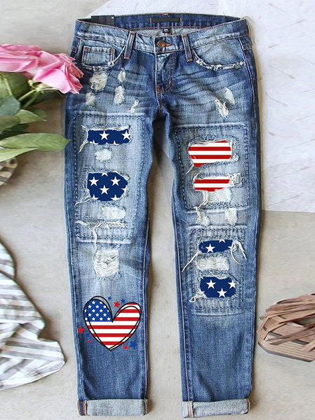 

Women's America Flag Tassel Hole Denim Jeans, Blue, Jeans