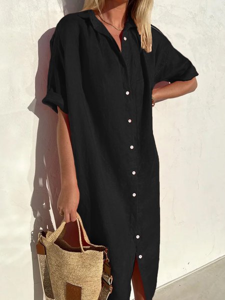 

Women Elegant Casual Loose Long SleeveButton Down Front Long Sleeve Cotton Linen Dress Long Cardigan Cover Ups Shirt Dress, Black, Midi Dresses