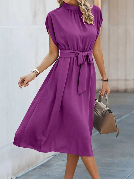 

Loose Urban Solid Belted A-line Dress, Purple, Dresses