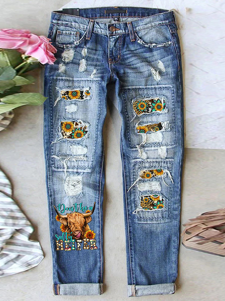 

Women's St. Fermin's Day Tassel Hole Denim Jeans, Blue, Jeans
