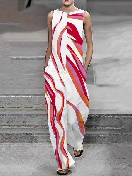 

Abstract Stripes Loose Casual Sleeveless Jumpsuit, White, Jumpsuits