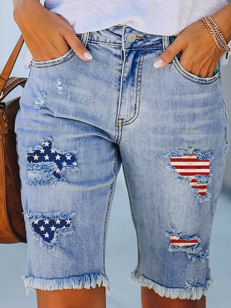 

Women's America Flag Hole Patch Fifth Pants Denim Shorts, Blue, Jeans