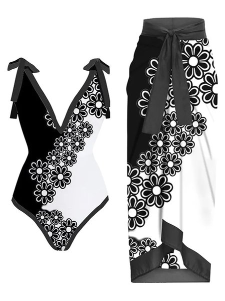 

Printing Floral V Neck Vacation One Piece With Cover Up, Black-white, swimwear>>One-Pieces