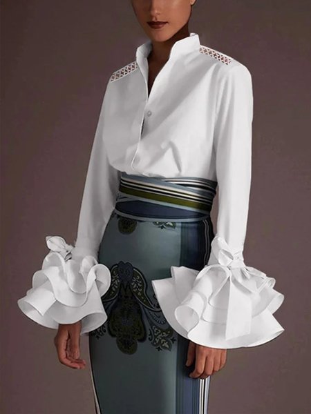 

Elegant Regular Fit Plain Stand Collar Blouse, White, Blouses and Shirts