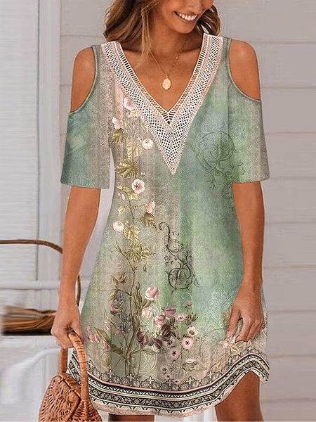 

Geometric Loose Vacation V Neck Dress, Green, Dresses