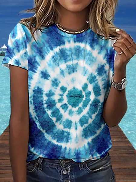 

Women's Crew Neck Casual Tie Dye Print T-Shirt, Blue, T-shirts