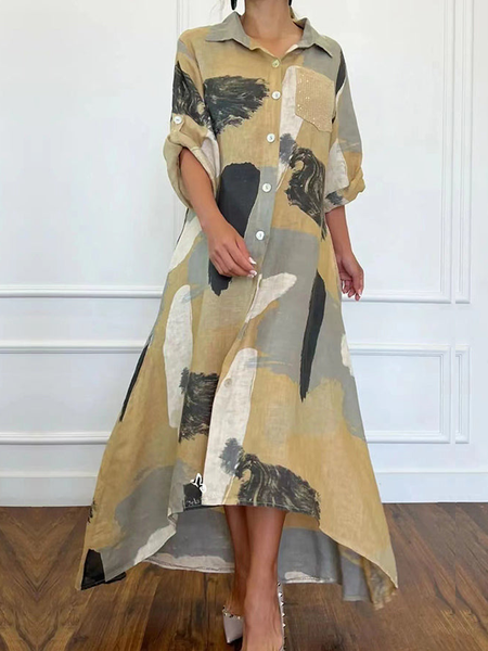 

Shirt Collar Long sleeve Urban Loose Abstract Long Dress, As picture, Maxi Dresses
