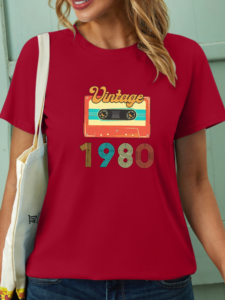 

Women's Birthday Vintage 1980 Crew Neck Text Letters Casual T-Shirt, Red, T-shirts