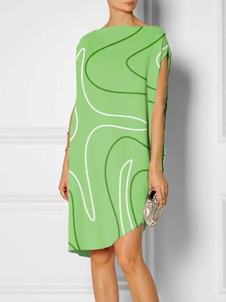

Abstract Loose Vacation Crew Neck Dress, Green, Mini Dresses