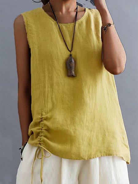 

Women Loose Drawstring Side Ruched Summer Plain Sleeveless Cotton Linen Tank Top Cami Top, Yellow, Tank Tops & Camis