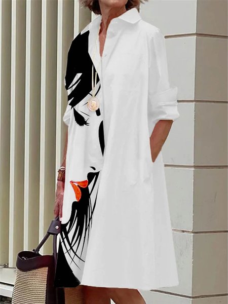 

Loose Urban Face Print Shirt Collar Dress, White, Mini Dresses