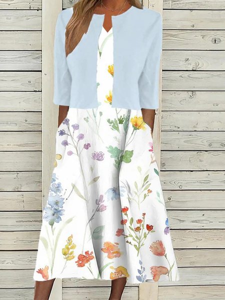 

Floral Print Midi Dress And Half Sleeve Coat Two-Piece Set, Blue, Sets