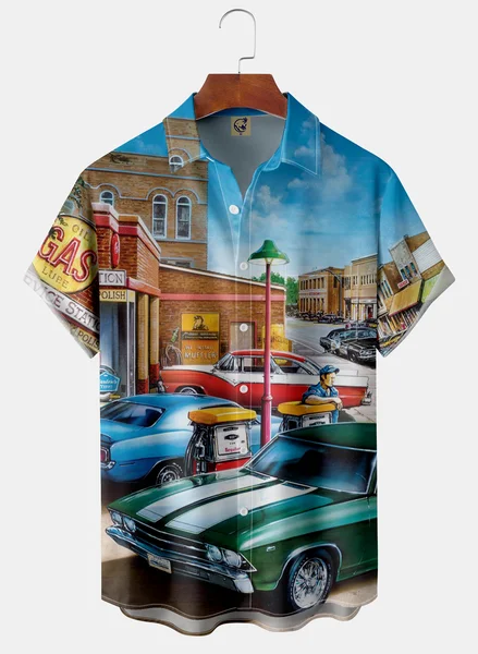 

Vintage Sports Car Chest Pocket Short Sleeve Hawaiian Shirt, Blue, Men Shirts