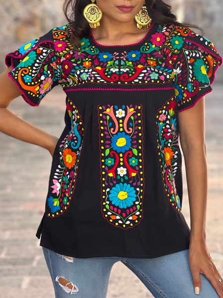 

Loose Petal Sleeve Ethnic Shirt, Black, Shirts & Blouses