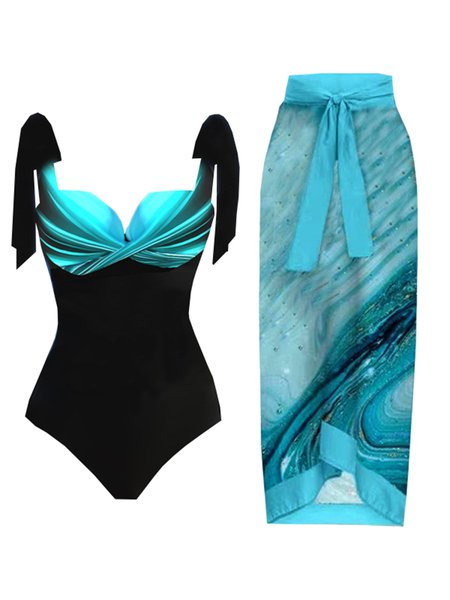 

Printing Abstract Vacation Scoop Neck One Piece With Cover Up, Lake blue, swimwear>>Bikini Sets