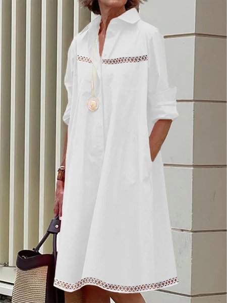 

Shirt Collar Long sleeve Plain Elegant Dress, White, Mini Dresses