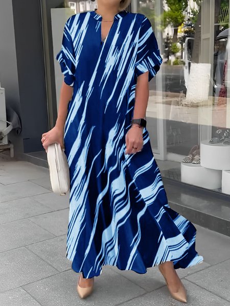 

V Neck Abstract Stripes Casual Dress, Blue, Maxi Dresses