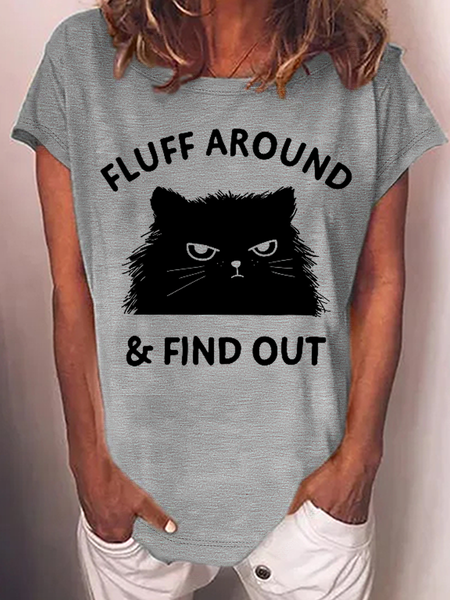 

Women's Funny Word Fluff Around And Find Out Funny Cat Adult Humor Cotton-Blend Casual Text Letters T-Shirt, Gray, T-shirts