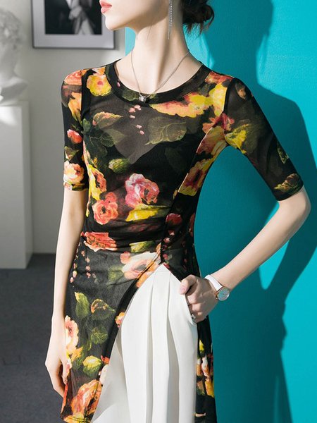

Vacation Crew Neck Floral Print Split T-Shirt, Black, Tees