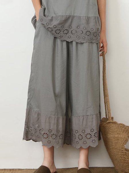 

Cotton Plain Lace Casual Pants, Gray, Pants