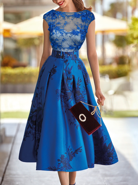 

Crew Neck Satin Elegant Regular Fit Wedding Guest Dress, Blue, Wedding Guest Dresses