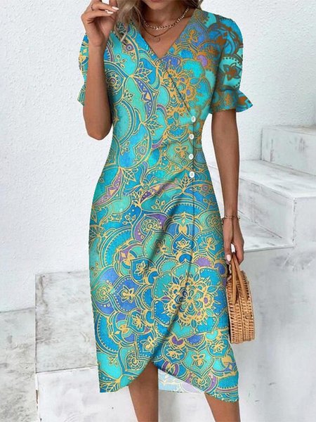 

Ethnic V Neck Elegant Dress, Green, Dresses