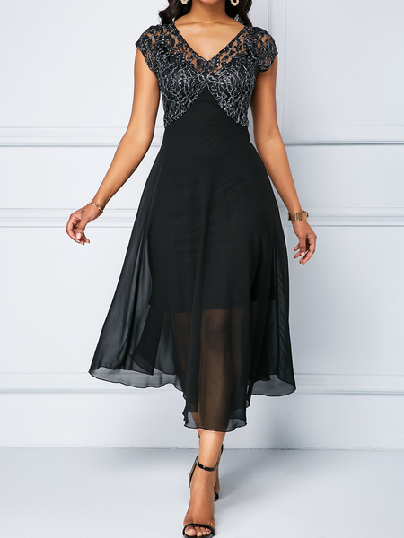 

Wedding Guest Lace Elegant Floral Dress, Black, Midi Dresses