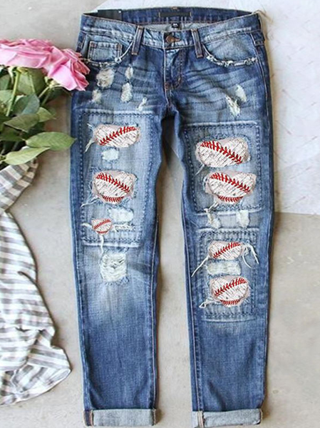 

Women's Baseball Pattern Tassel Hole Denim Jeans, Blue, Jeans