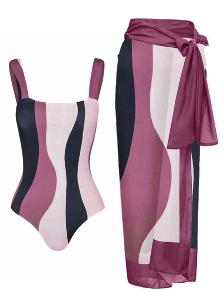 

Casual Striped Printing One Piece With Cover Up, Rose red, Coverups