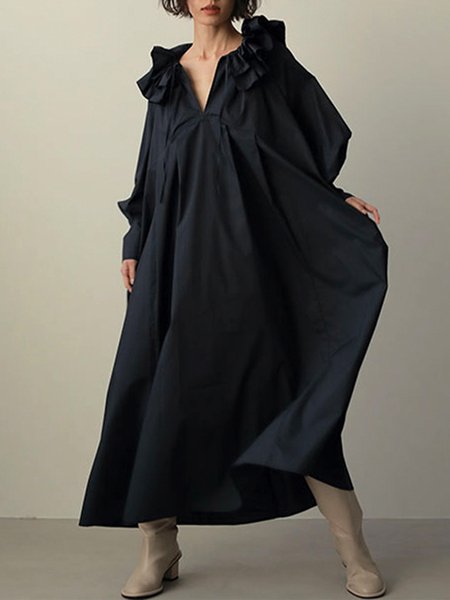 

Lotus Leaf Collar Oversize Casual Plain Dress, Black, Maxi Dresses