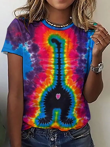 

Women's Casual Regular Fit Cat Crew Neck Tie Dye Print T-Shirt, As picture, T-shirts