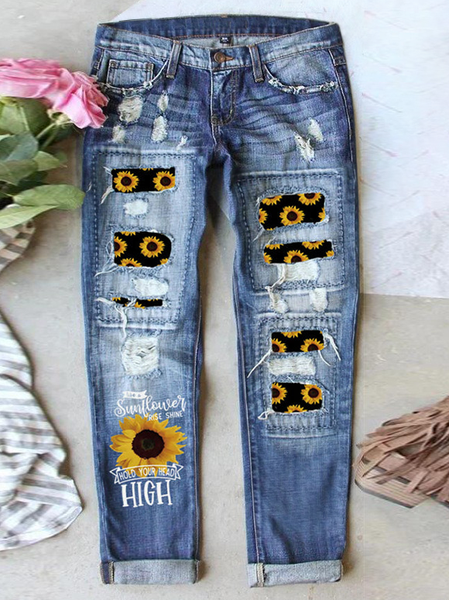 

Women's Sunflower Tassel Hole Denim Jeans, Blue, Jeans