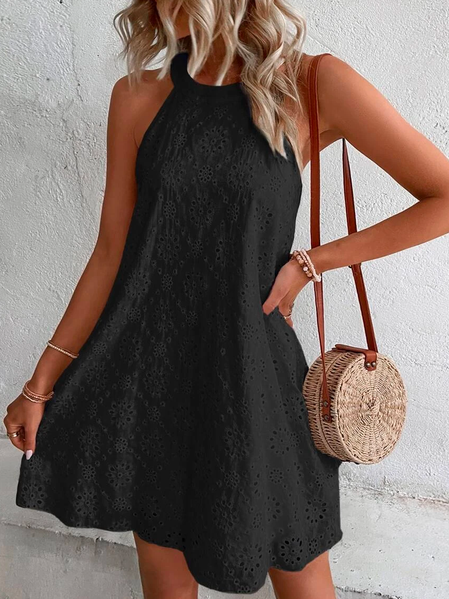 

Eyelet Embroidery Keyhole Back Halter Neck Summer Vacation Dress, Black, Mini Dresses