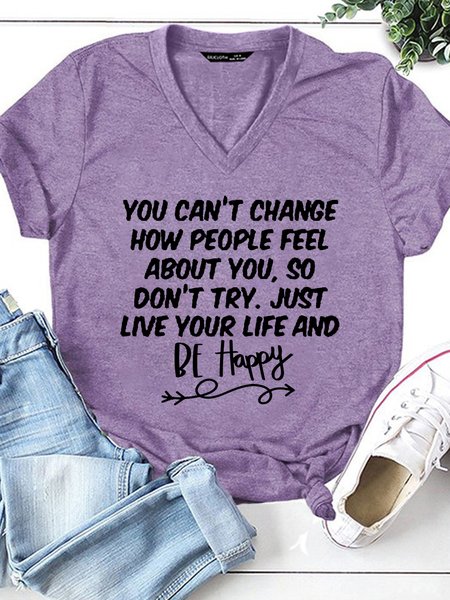

Women's Be Happy Courage Quote Letter Casual Crew Neck T-Shirt, Purple, T-shirts